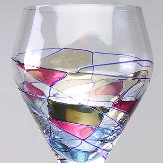 4 White Wine Glass Lead Free Crystal Hand Blown Painted 24K Gold Red Cobalt Blue